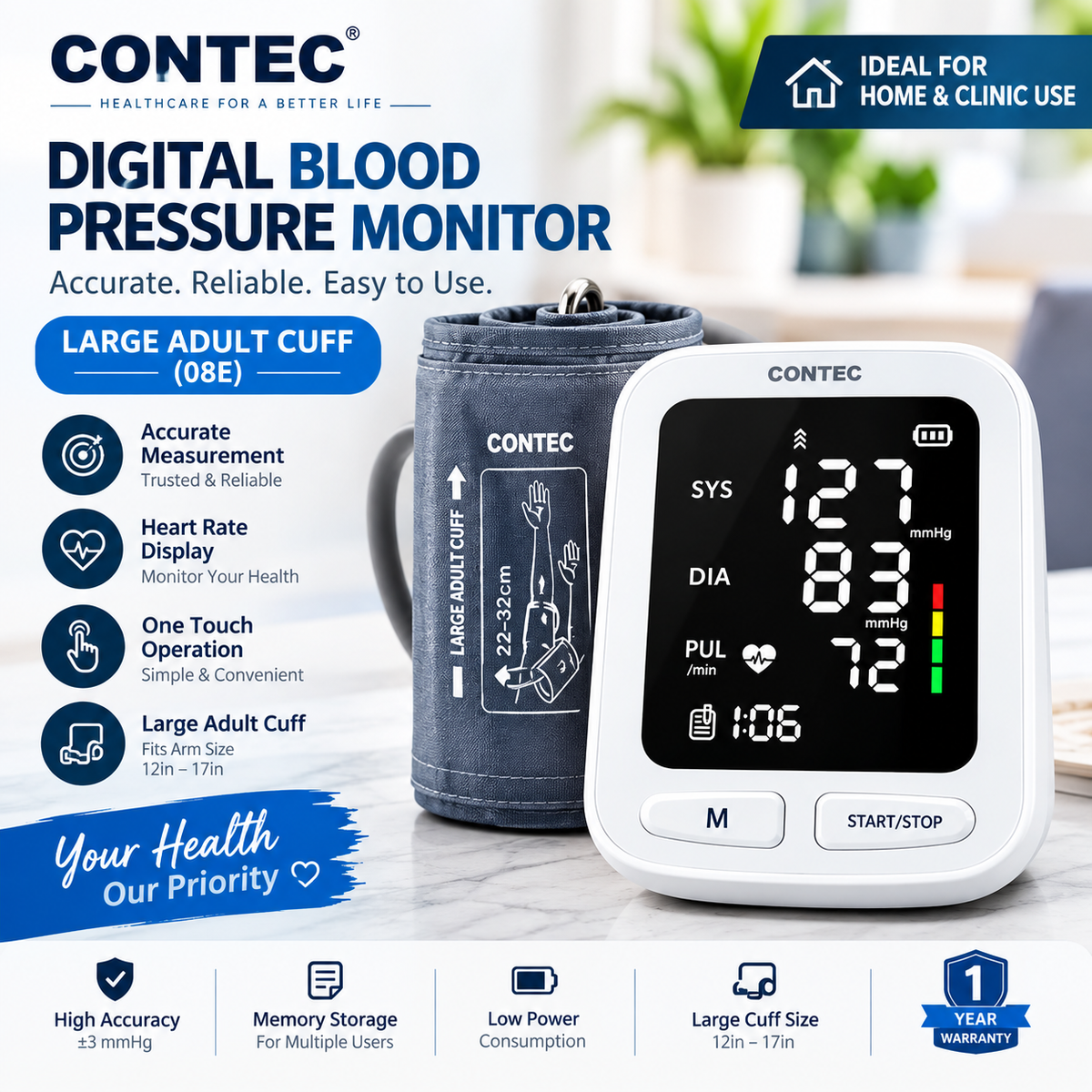 CONTEC08E Digital Upper Arm Blood Pressure Monitor with Large Cuff